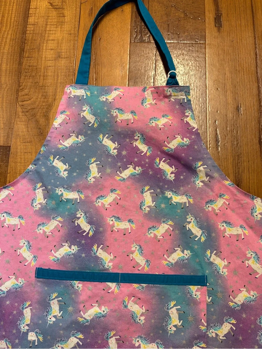 Apron Pink & Teal Unicorn Kids Kitchen Apron with Pocket Fits 5-10 Years EUC